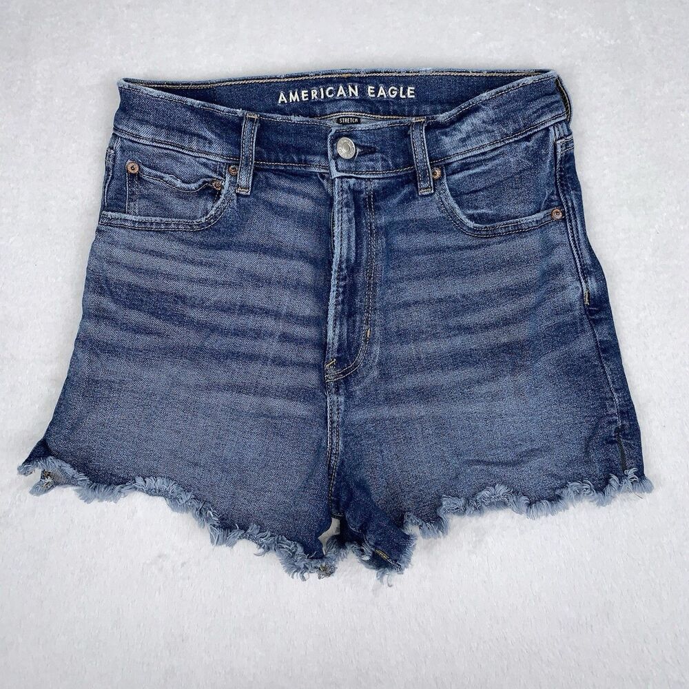American Eagle Denim Shorts Womens 8 Blue Highest Rise 90s Boyfriend Fringe 3"
